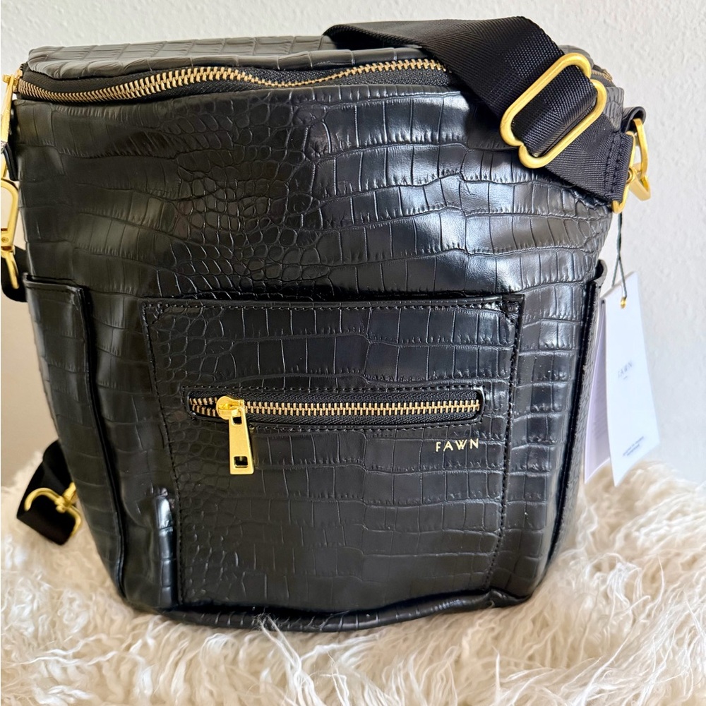 FAWN Black Croc-Embossed Backpack / Crossbody Bag with Gold Accents BNWT